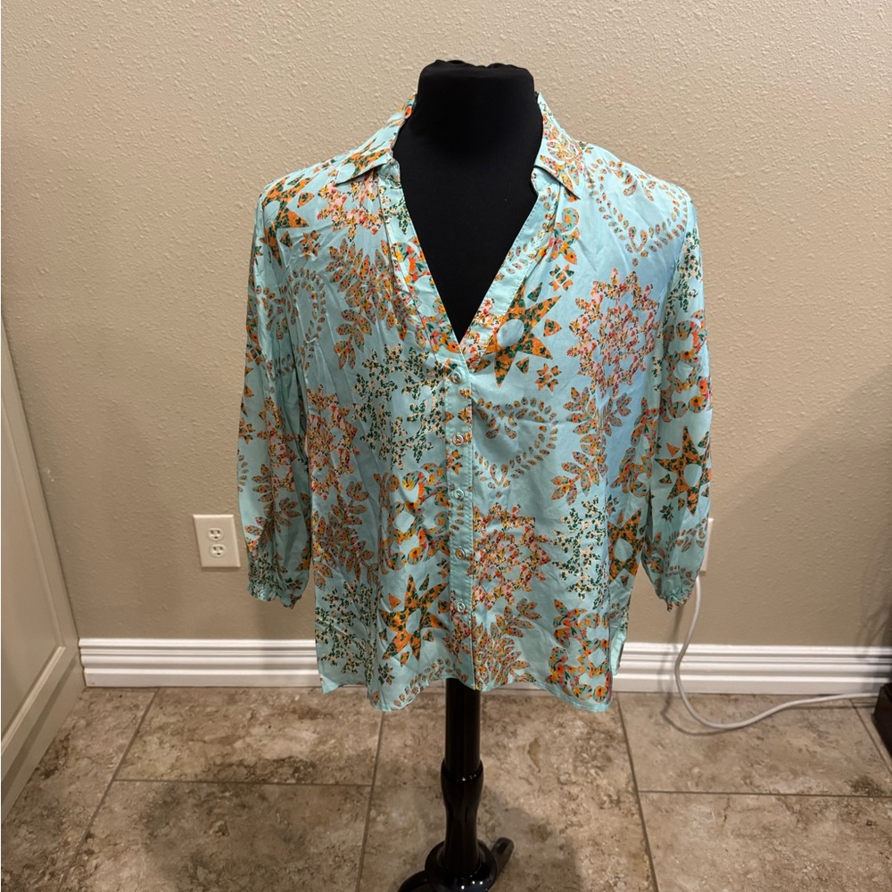 Johnny Was aqua floral silk top